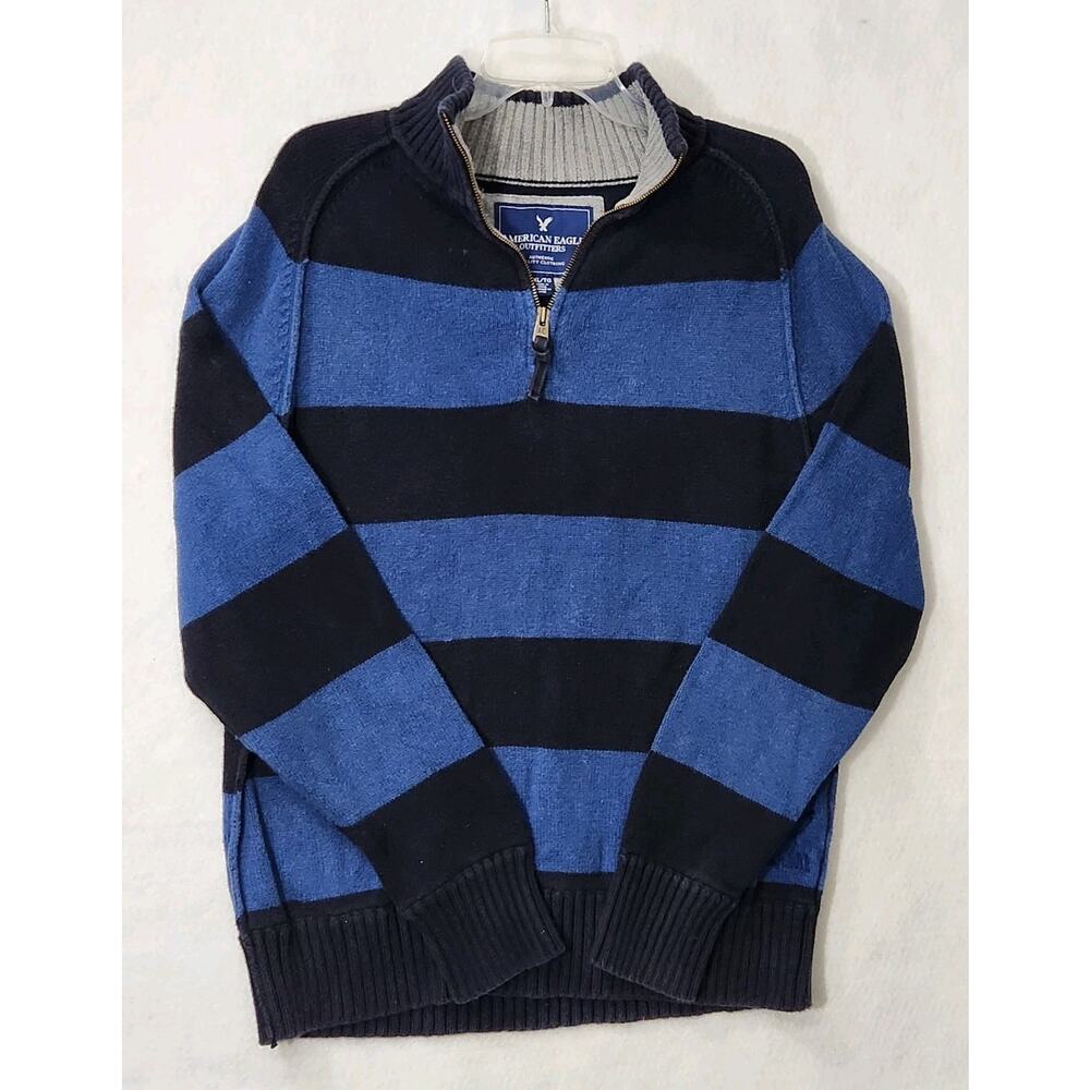 VTG AMERICAN EAGLE MEN 1/4 ZIP SWEATER XL THICK BLUE STRIPE Y2K 90s 2000s PREPPY